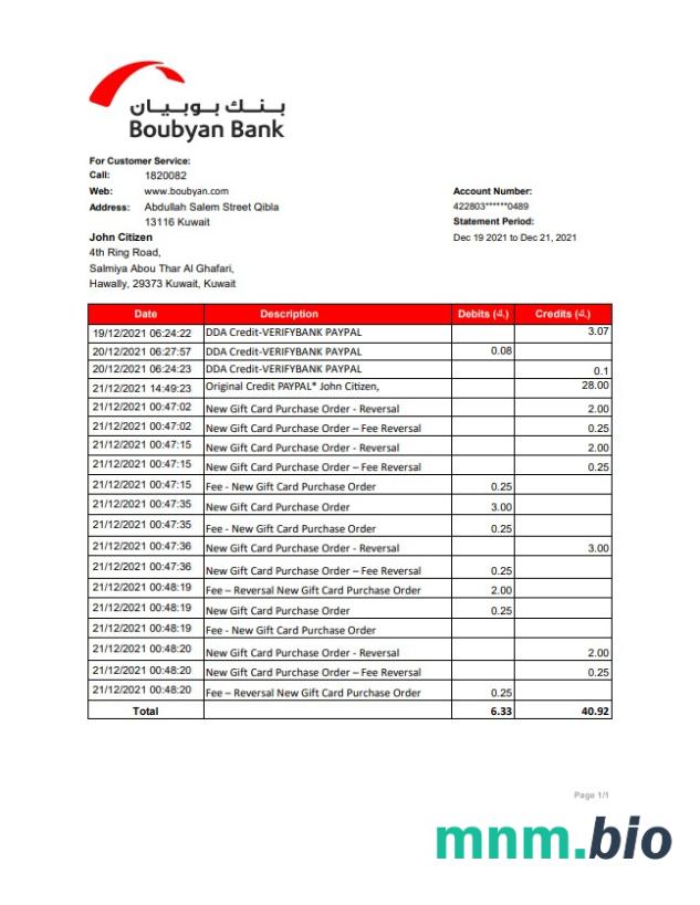 Kuwejt Boubyan Bank dowód adresu szablon oświadczenia w formacie Word i PDF